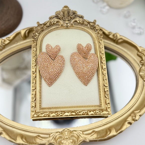 Statement Heart Earrings | Gold-Tone Rhinestone Drop Dangles - Picture 8 of 10